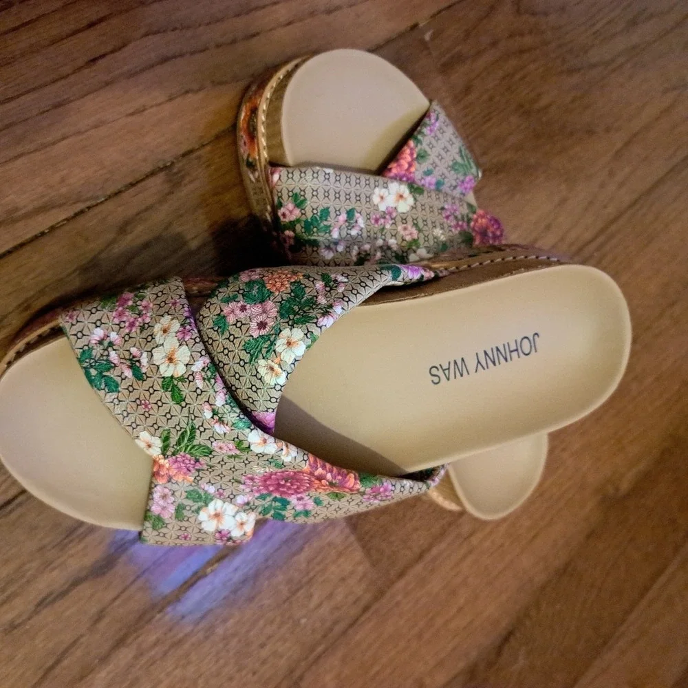 Johnny Was Floral Crisscross Platform Slide Sandals Boho Multi Color Womens Sz 6